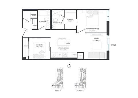 Floor plan for 2 beds, 2 baths, 760 sqft